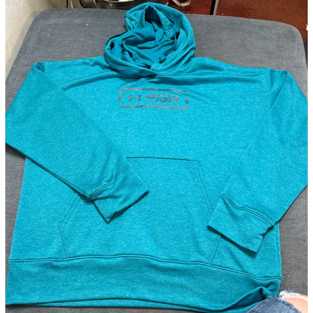 Under Armour Fish Hoodie Mens Medium Teal Heather Loose Fit Performance Pullover